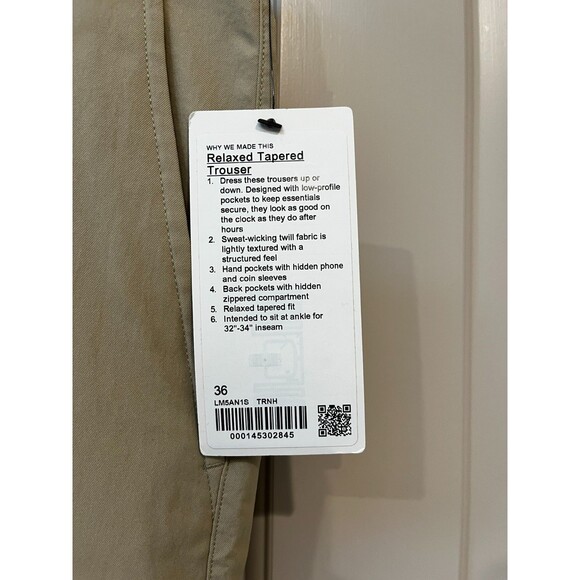 Lululemon Mens NEW Relaxed Tapered Trouser Pants Size 36 X 32-34 Inseam Trench - Picture 6 of 11